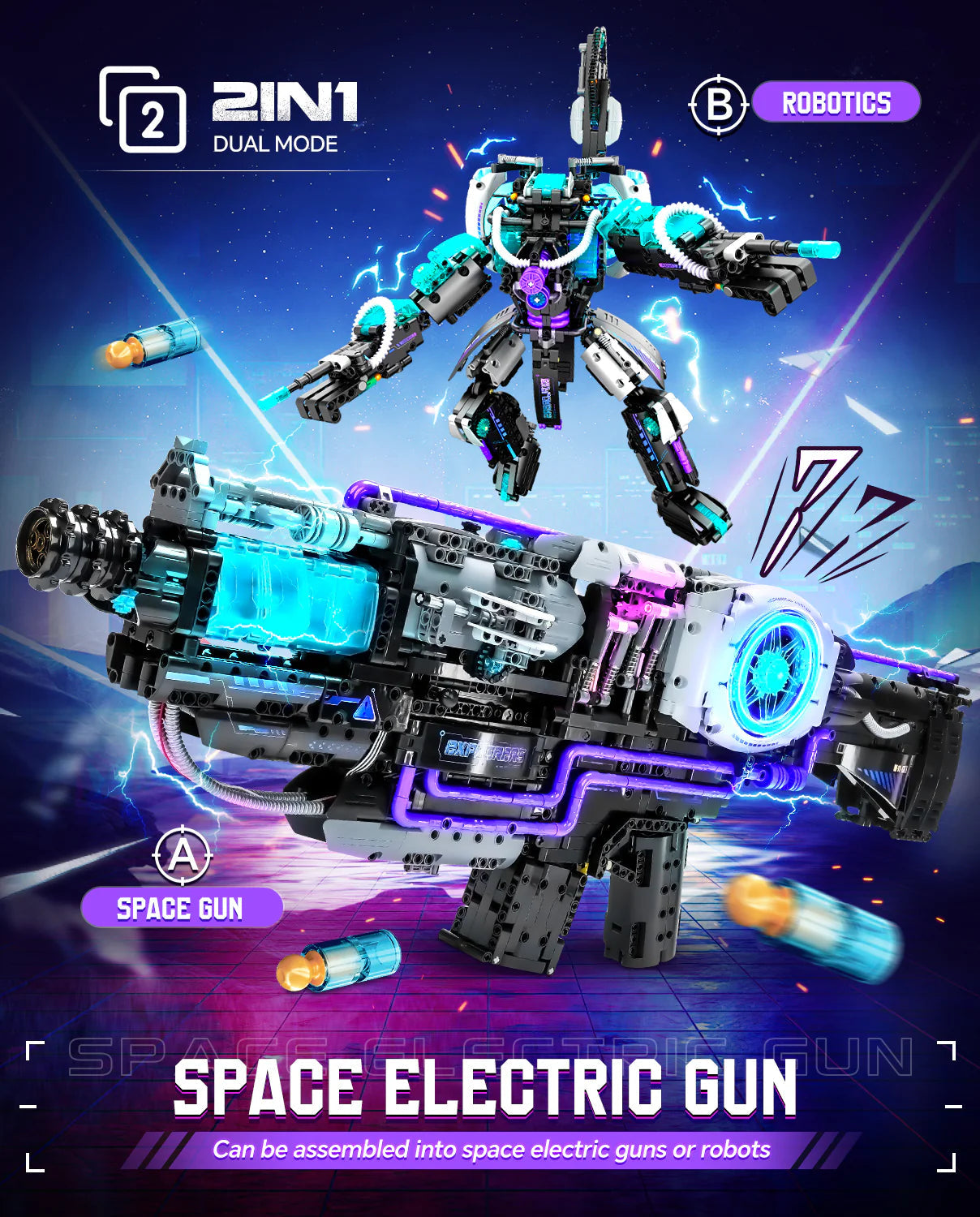 Brick MOC 2 in 1 Transforming Electric Space Gun and Robot Building Toy, Futuristic Mechanical Interactions and Lighting Effects | 3037 pcs 2-in-1 Robot & Space Gun MOC Kit | 3037pcs - Brick Car Merchant