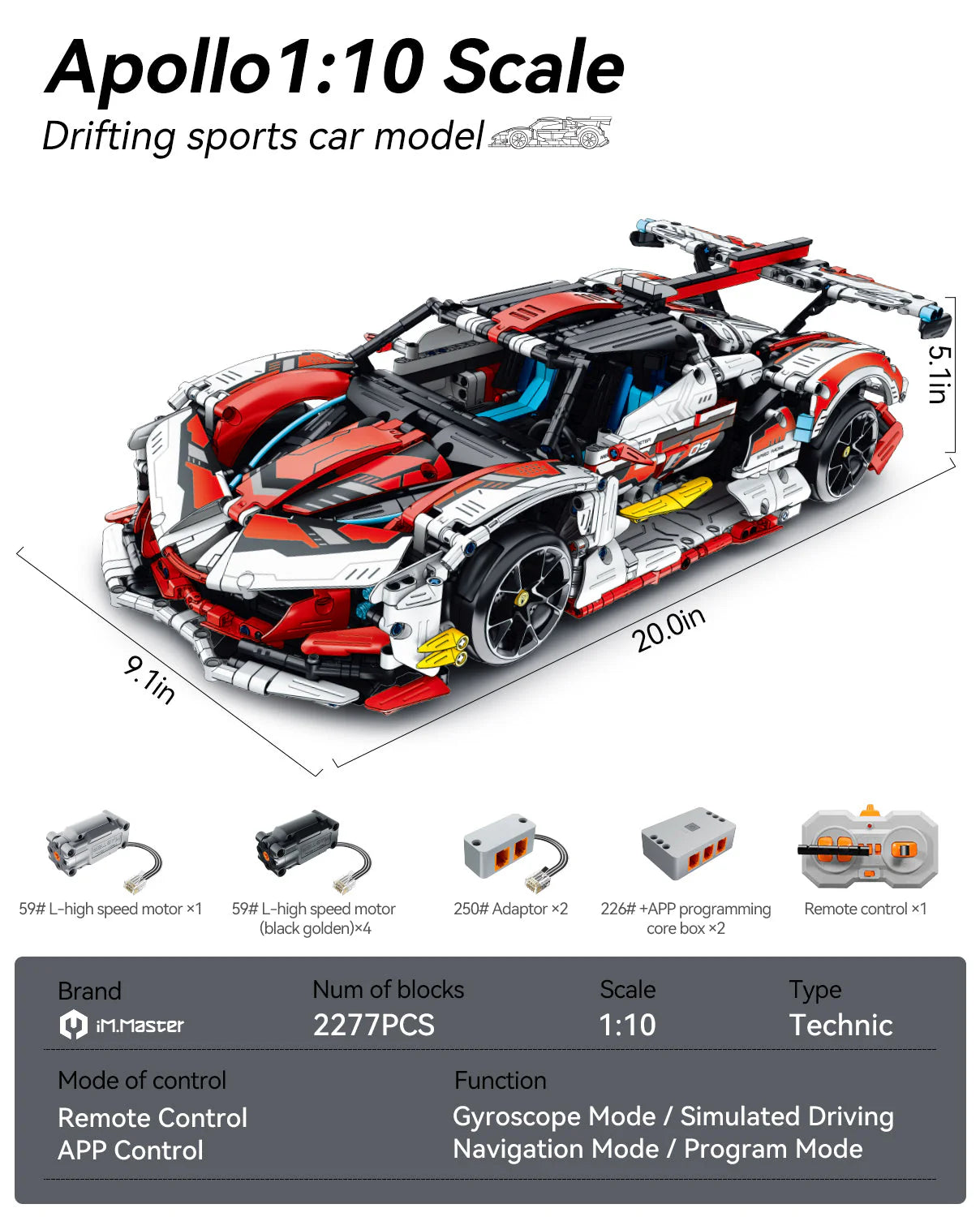Brick MOC Apollo Race Car | Remote Control, Drift, Electric Gullwing Doors, 2732 pcs - Brick Car Merchant