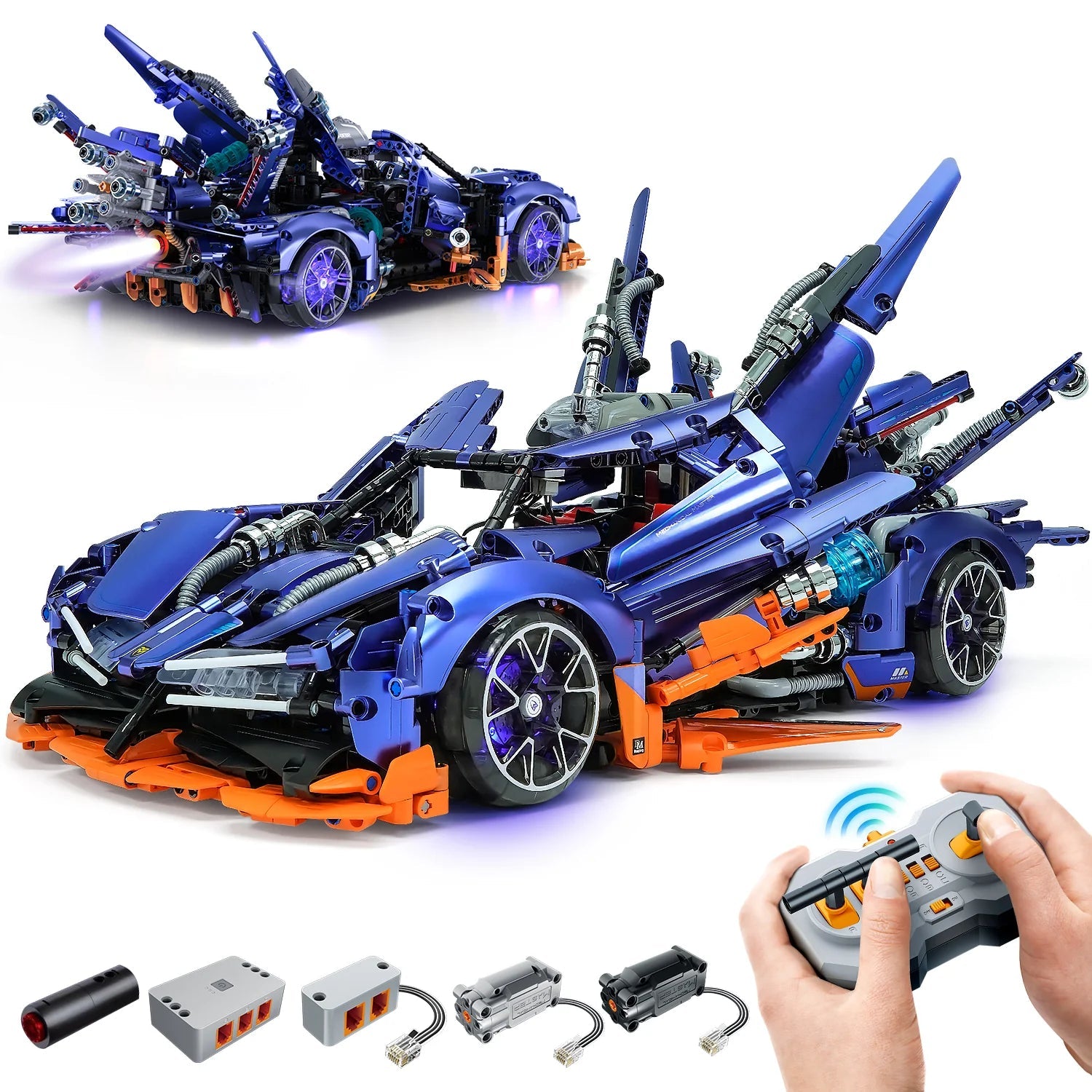 Brick MOC Apollo X1 | Remote Control, Drift, Colour Light Wheels, Jet Propulsion, Armour Explosion Mode, 2381 Pcs - Brick Car Merchant