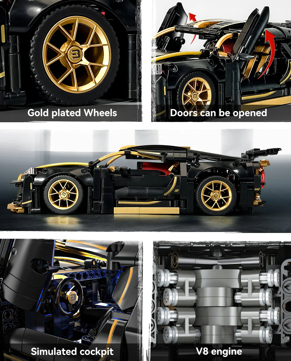Brick MOC Black Bugatti Chiron Mini | Remote Control, LED Lights, Opening Features, Simulated Cockpit, 1154pcs - Brick Car Merchant
