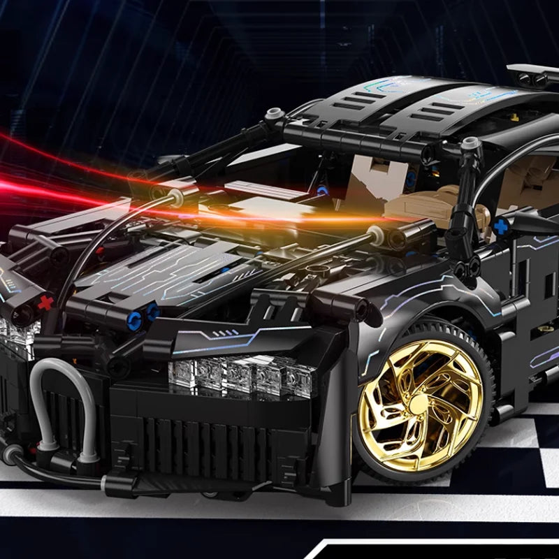 Brick MOC Black Bugatti Chiron Mini | Remote Control, LED Lights, Opening Features, Simulated Cockpit, 1154pcs - Brick Car Merchant