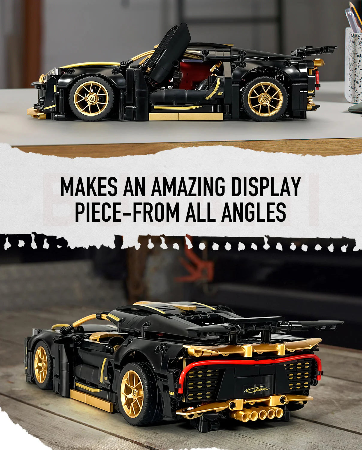 Brick MOC Black Bugatti Chiron Mini | Remote Control, LED Lights, Opening Features, Simulated Cockpit, 1154pcs - Brick Car Merchant