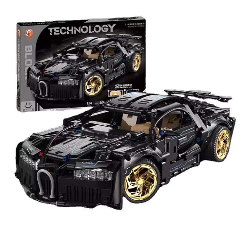 Brick MOC Black Bugatti Chiron Mini | Remote Control, LED Lights, Opening Features, Simulated Cockpit, 1154pcs - Brick Car Merchant