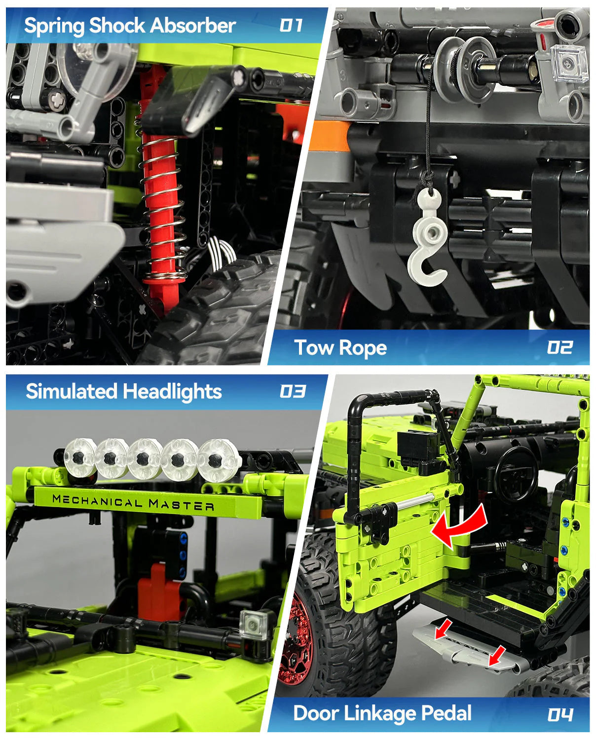 Brick MOC Jeep Wrangler Off-Road Pickup Building Kit | Remote Control, Tank Steering, Drift Special, All-Terrain Damping, Opening Features, 2545 pcs - Brick Car Merchant