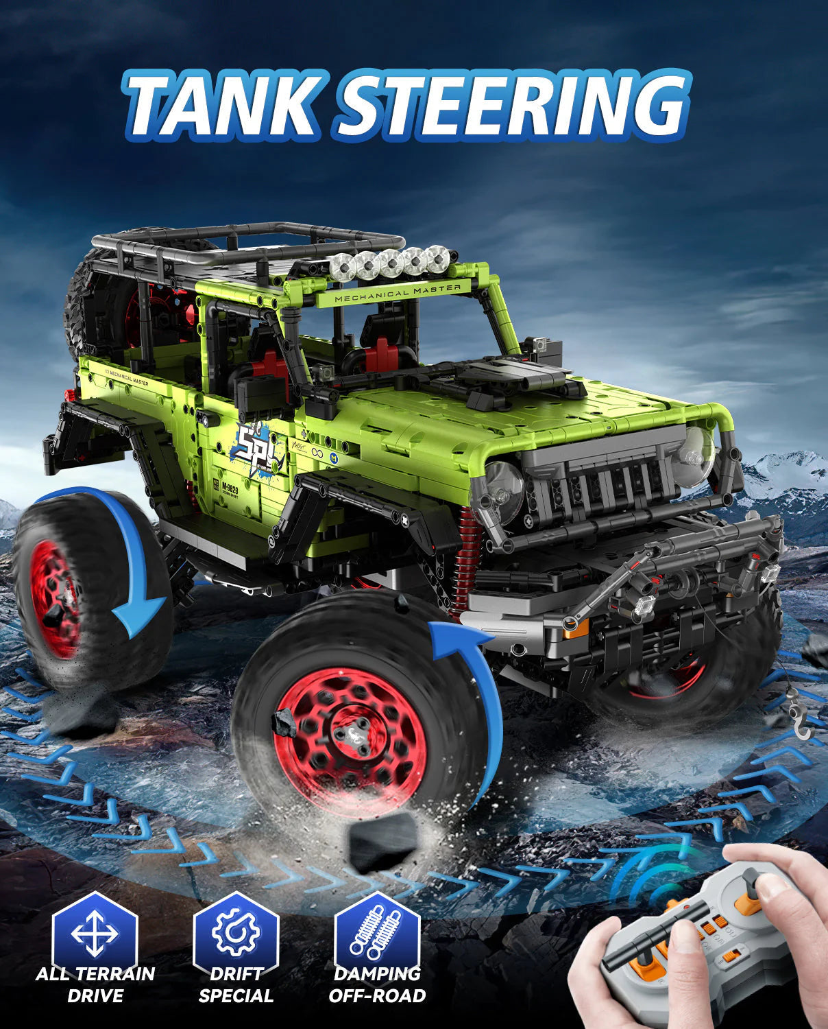 Brick MOC Jeep Wrangler Off-Road Pickup Building Kit | Remote Control, Tank Steering, Drift Special, All-Terrain Damping, Opening Features, 2545 pcs - Brick Car Merchant