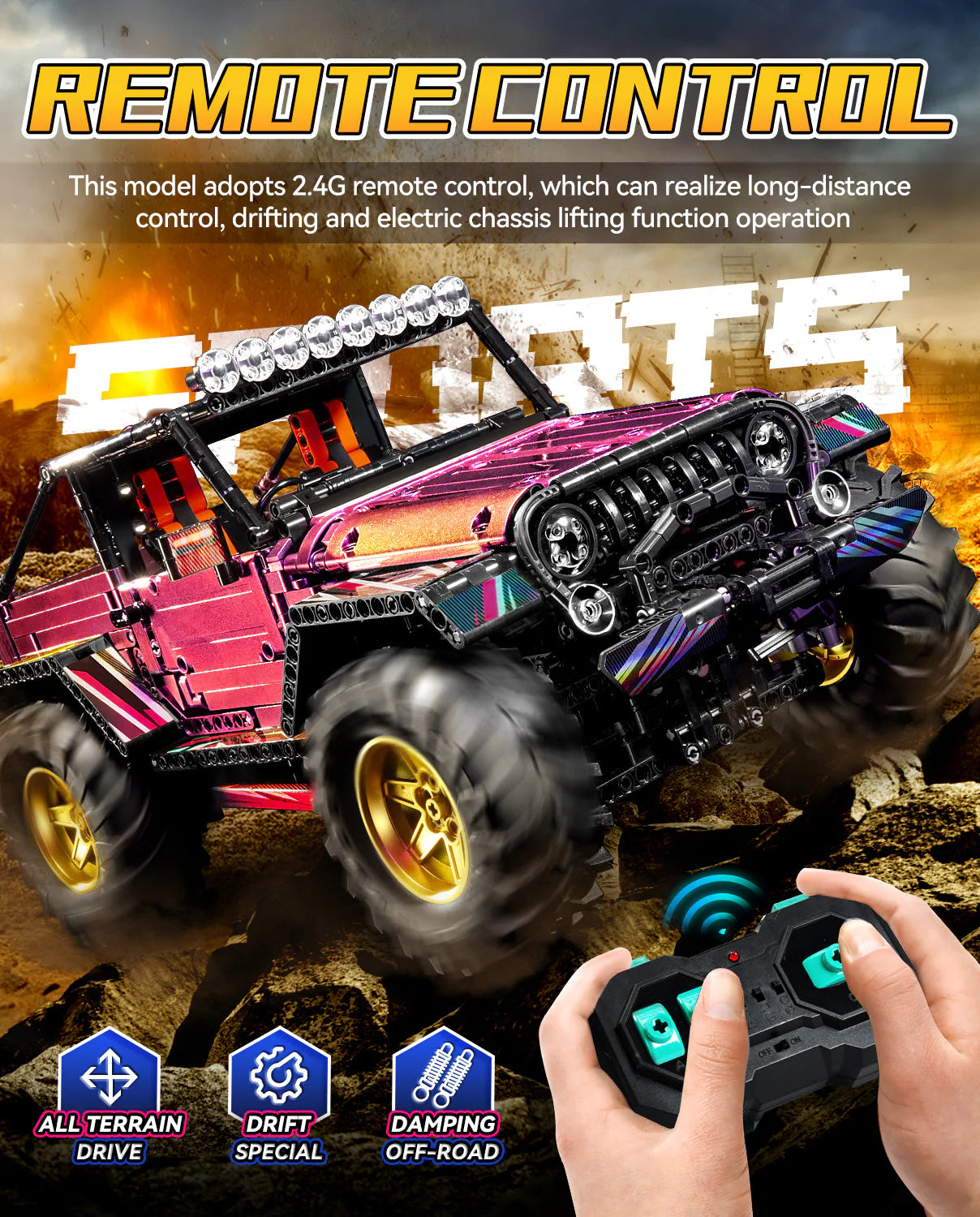 Brick MOC Jeep Wrangler Plated Off-Road Pickup | Remote Control, Electric Chassis Lifting, Drift, All Terrain Drive, Damping, Opening Features, 2088 pcs - Brick Car Merchant