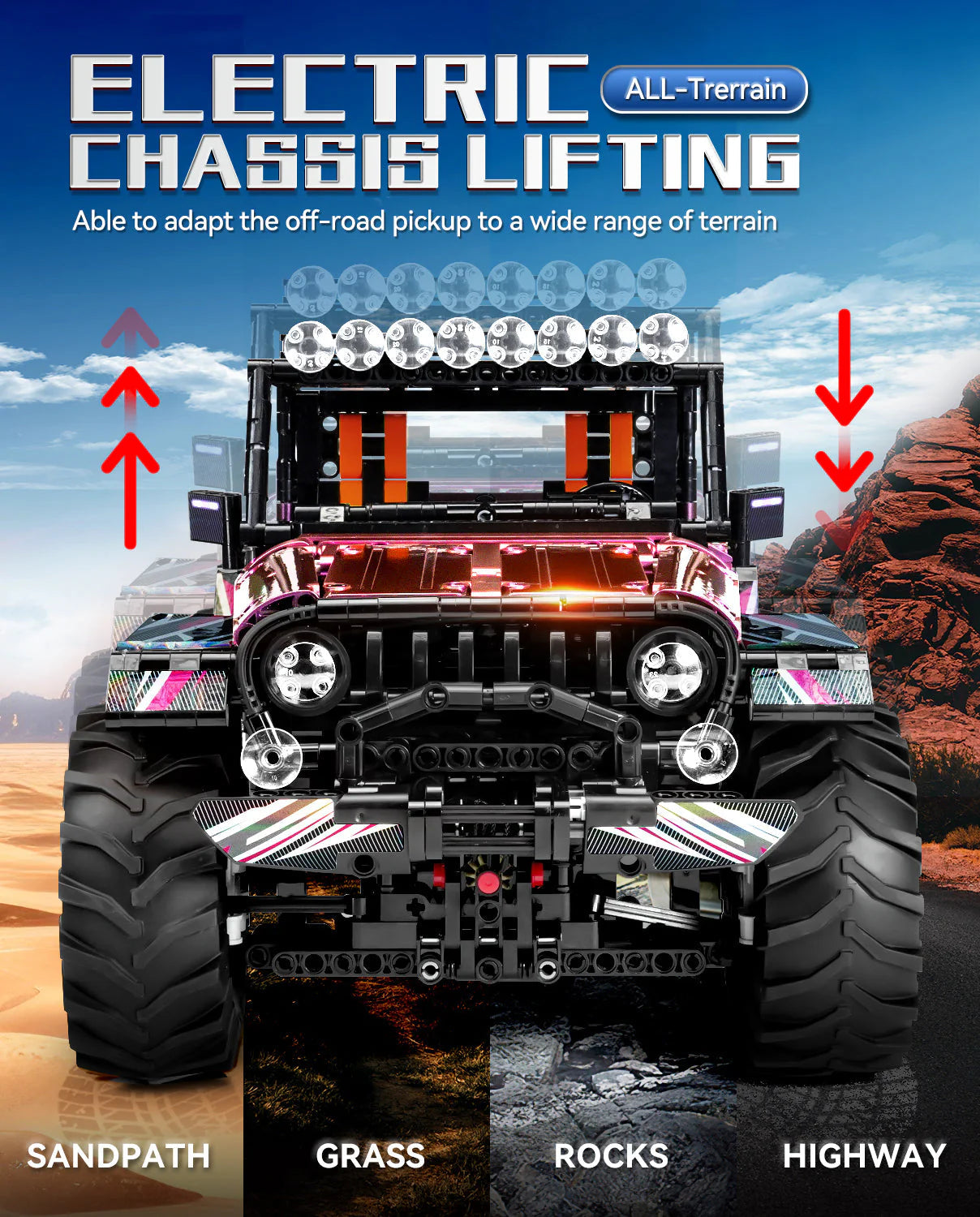 Brick MOC Jeep Wrangler Plated Off-Road Pickup | Remote Control, Electric Chassis Lifting, Drift, All Terrain Drive, Damping, Opening Features, 2088 pcs - Brick Car Merchant
