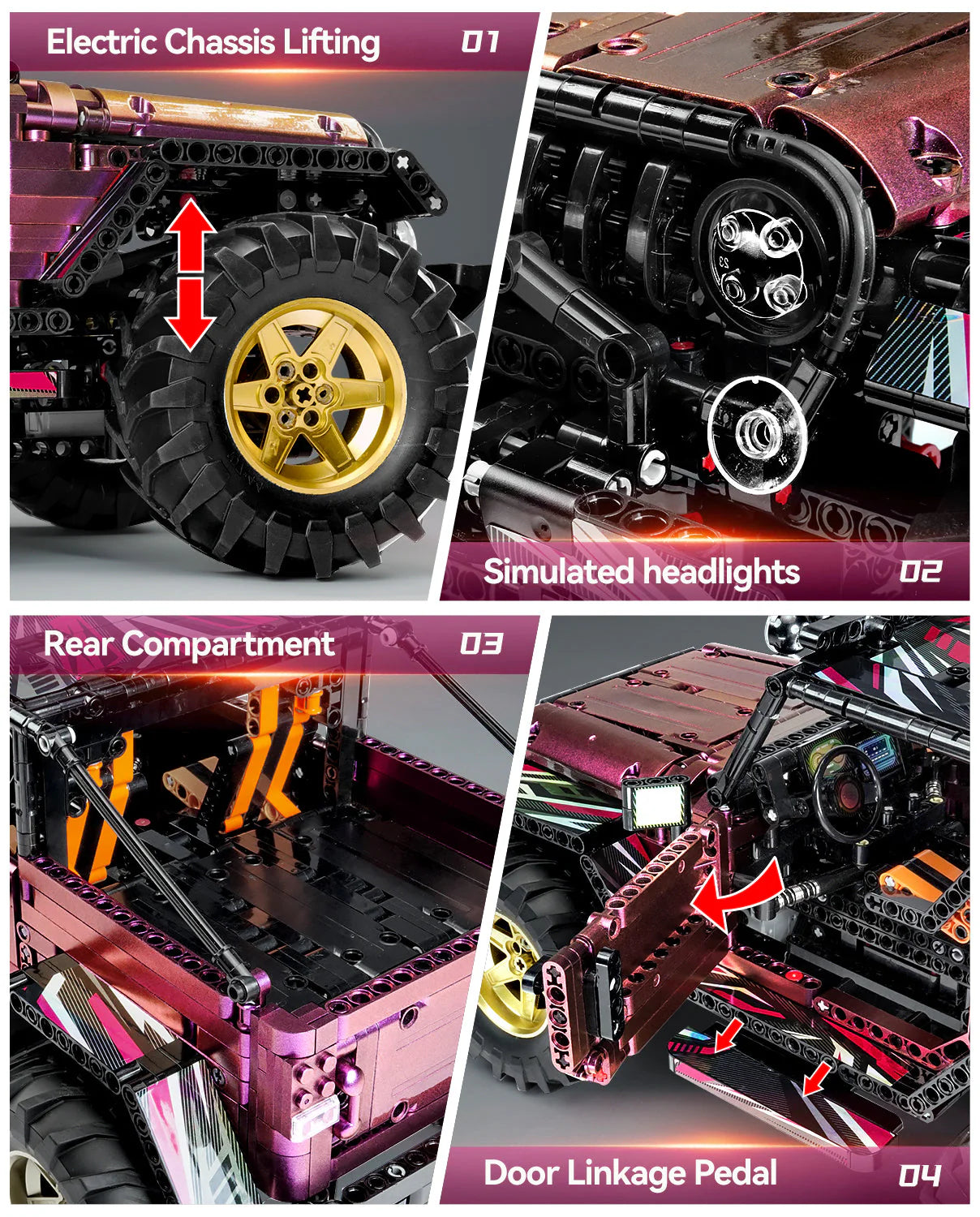 Brick MOC Jeep Wrangler Plated Off-Road Pickup | Remote Control, Electric Chassis Lifting, Drift, All Terrain Drive, Damping, Opening Features, 2088 pcs - Brick Car Merchant