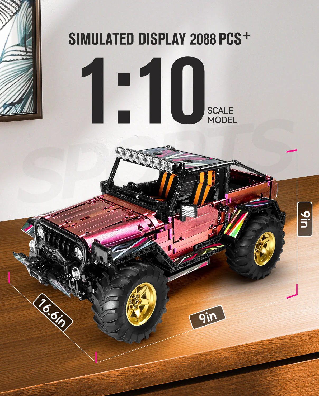 Brick MOC Jeep Wrangler Plated Off-Road Pickup | Remote Control, Electric Chassis Lifting, Drift, All Terrain Drive, Damping, Opening Features, 2088 pcs - Brick Car Merchant