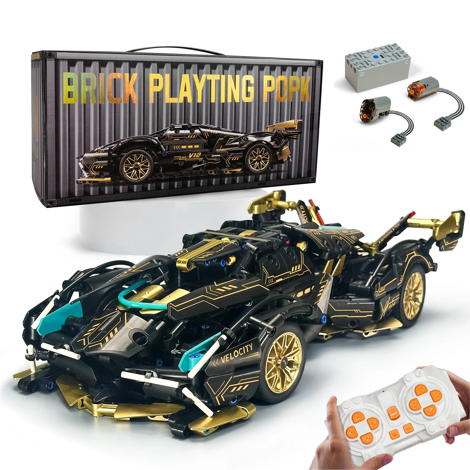 Brick MOC Lamborghini V12 Black Sports Car | Remote Control, Opening Features, 1103 pcs - Brick Car Merchant