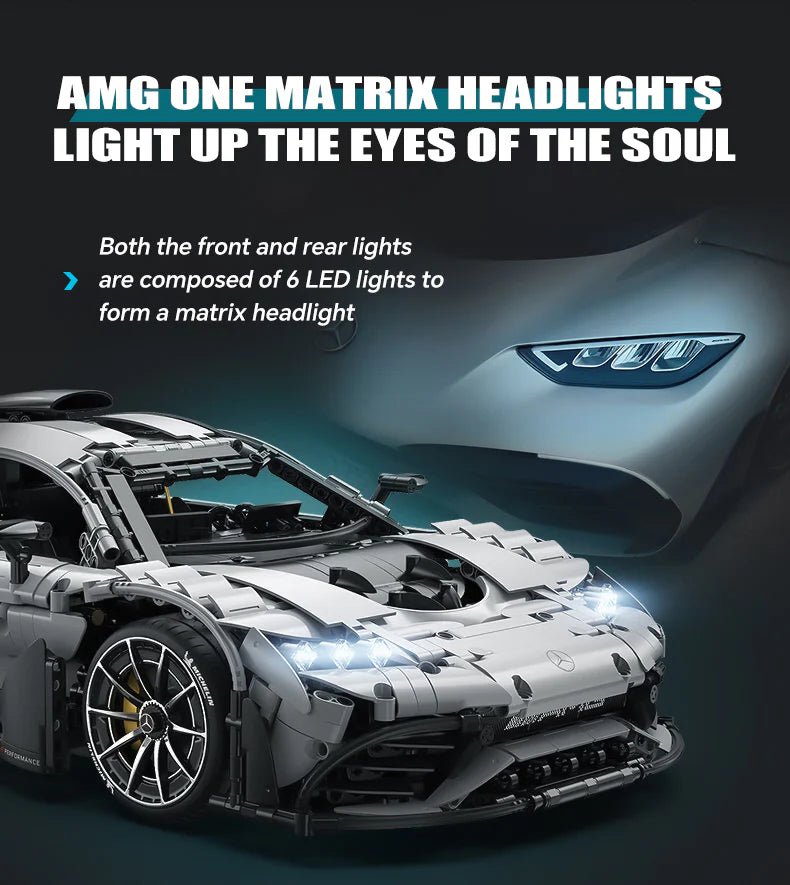 Brick MOC Mercedes AMG ONE | Remote Control, Electric Butterfly Doors, Rear Wing Lifting, Controllable Lights, Launch Control, 3295pcs - Brick Car Merchant