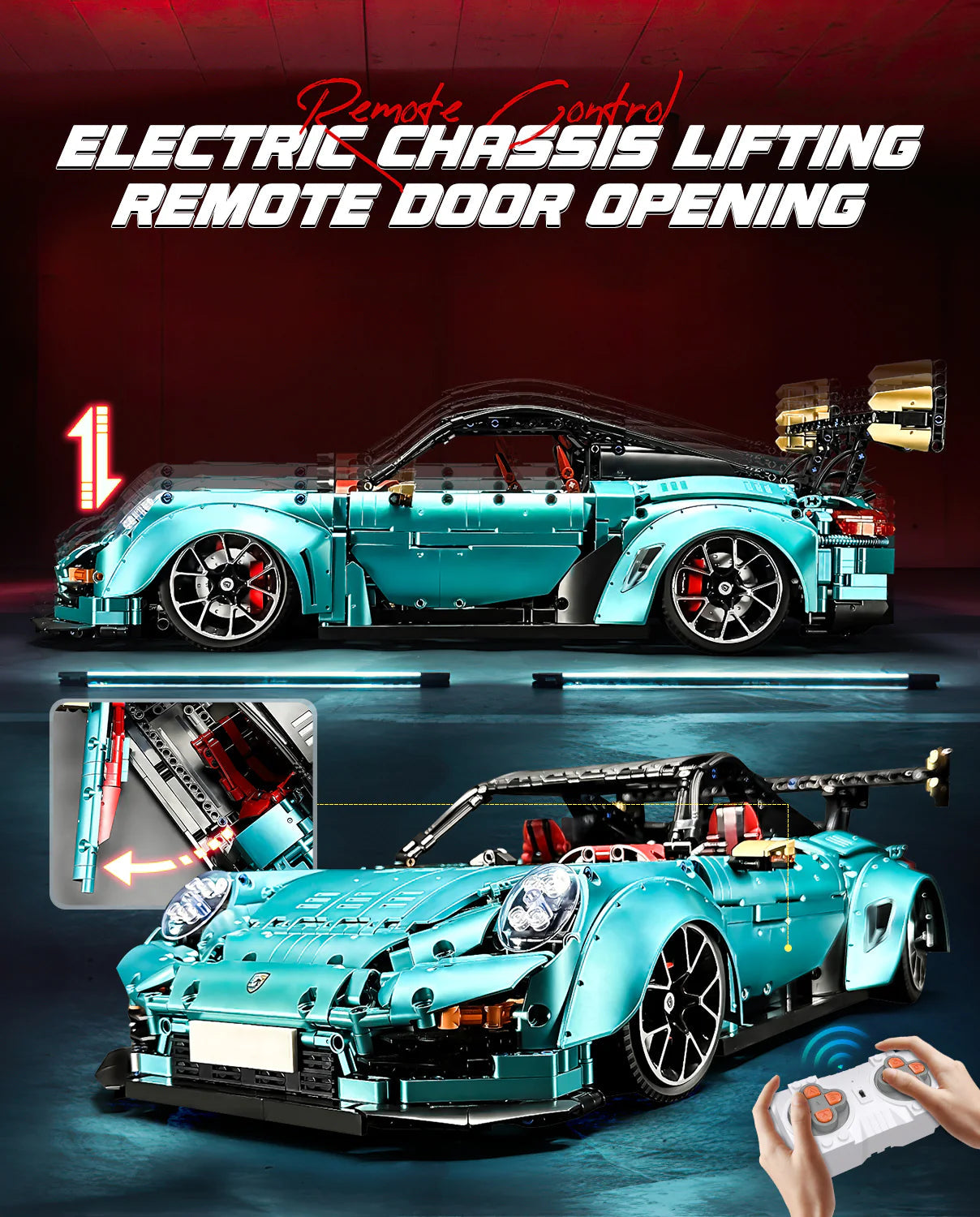 Brick MOC Porsche GT2 RS | Remote Control, Electric Air Suspension, Electric Opening Features, Drivetrain Switch, Lightning Features, 3389 pcs - Brick Car Merchant