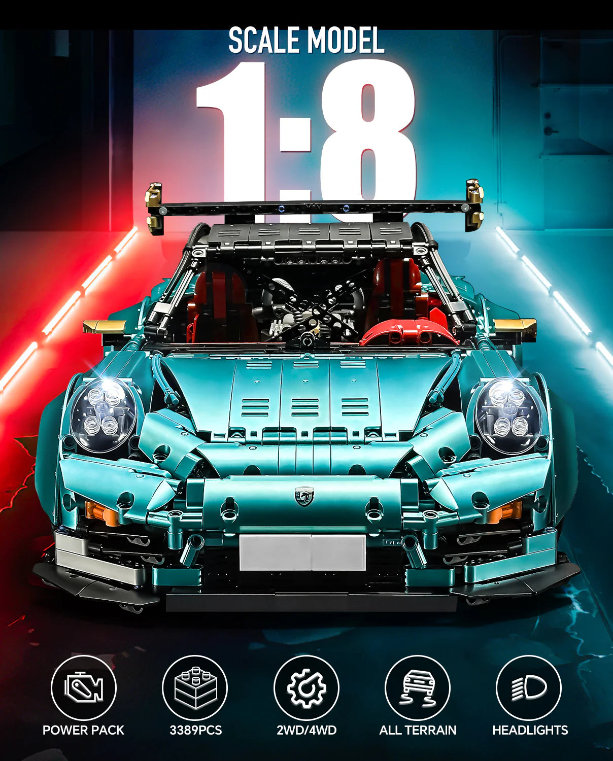 Brick MOC Porsche GT2 RS | Remote Control, Electric Air Suspension, Electric Opening Features, Drivetrain Switch, Lightning Features, 3389 pcs - Brick Car Merchant