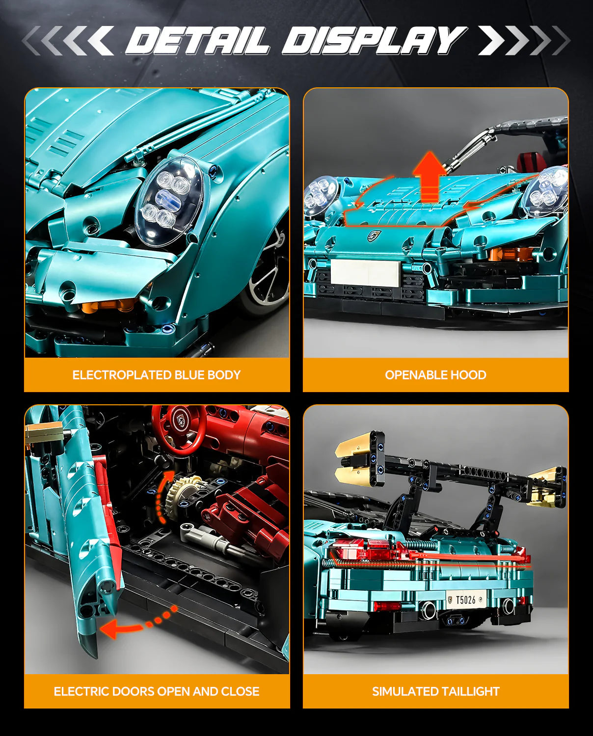 Brick MOC Porsche GT2 RS | Remote Control, Electric Air Suspension, Electric Opening Features, Drivetrain Switch, Lightning Features, 3389 pcs - Brick Car Merchant