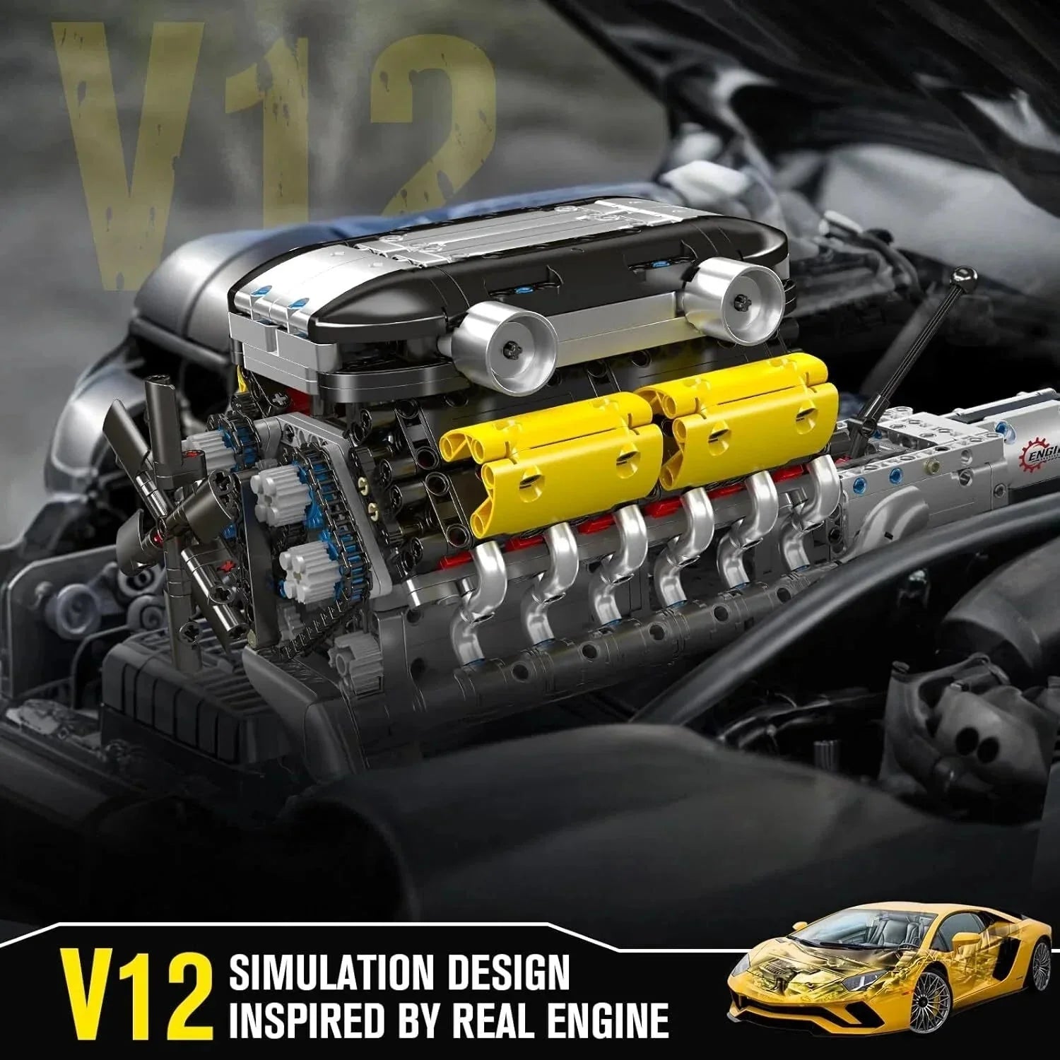 Brick MOC Supercar V12 Engine & Transmission | 1260pcs - Brick Car Merchant