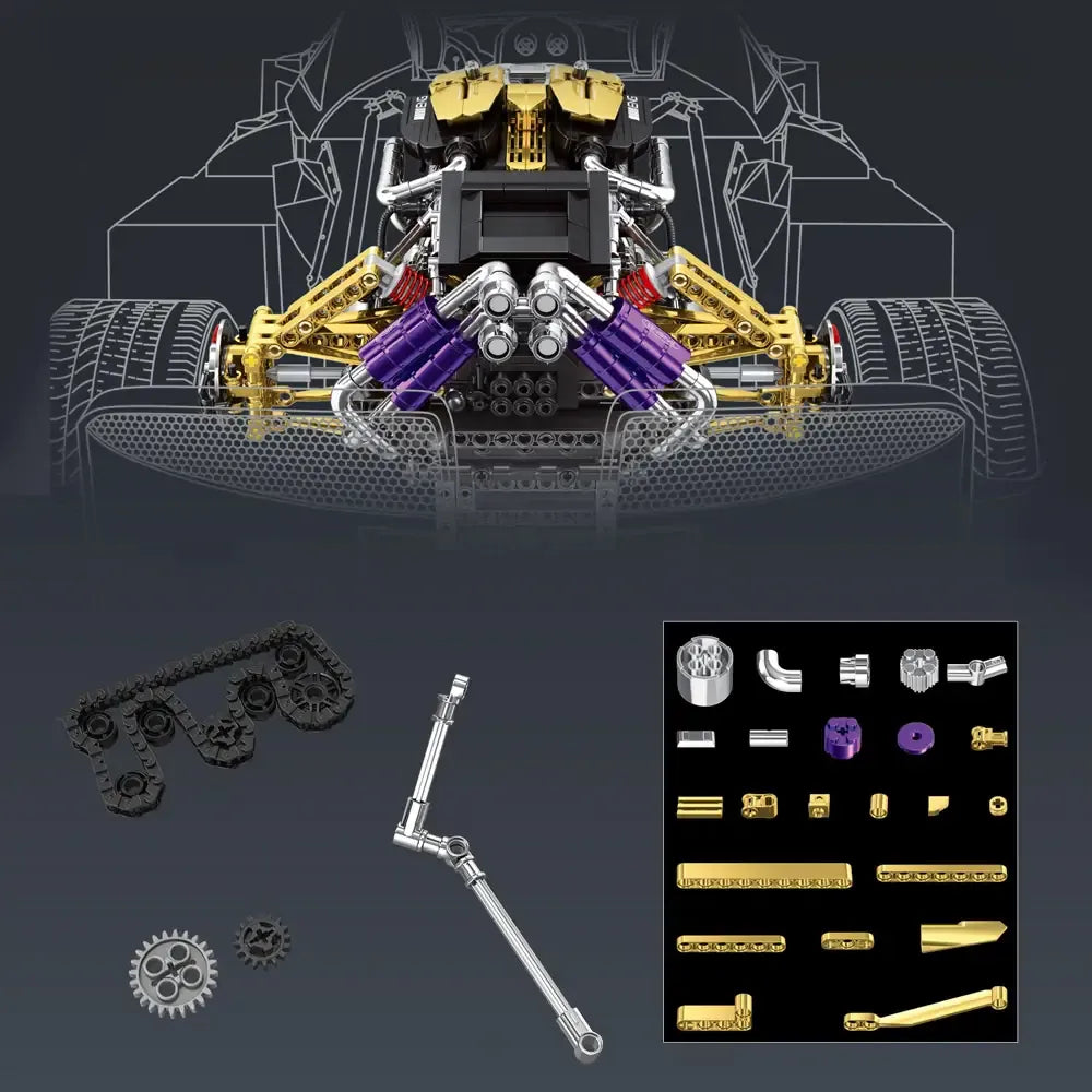 Brick MOC Twin-Turbo V12 Hypercar Powertrain | 1602pcs - Brick Car Merchant