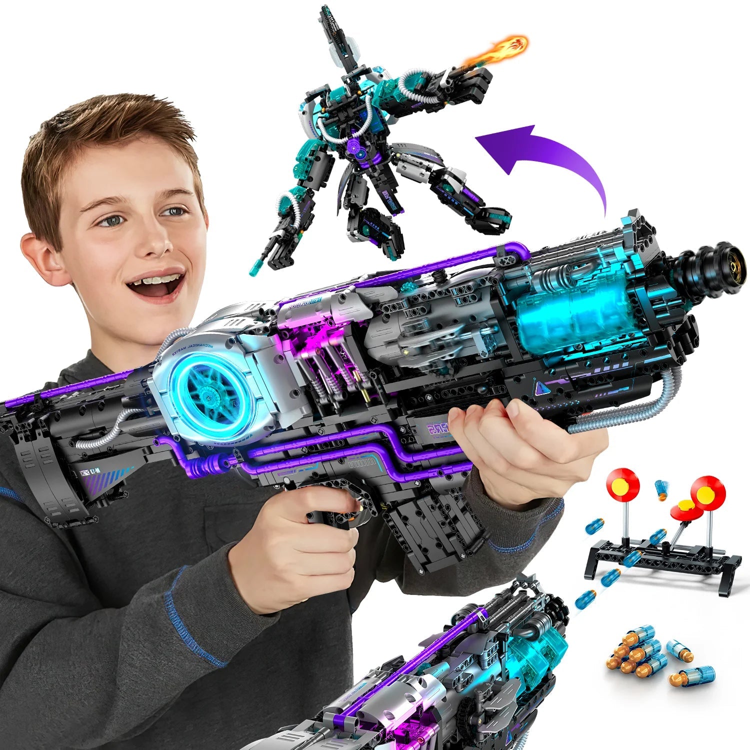 Brick MOC 2 in 1 Transforming Electric Space Gun and Robot Building Toy, Futuristic Mechanical Interactions and Lighting Effects | 3037 pcs 2-in-1 Robot & Space Gun MOC Kit | 3037pcs - Brick Car Merchant
