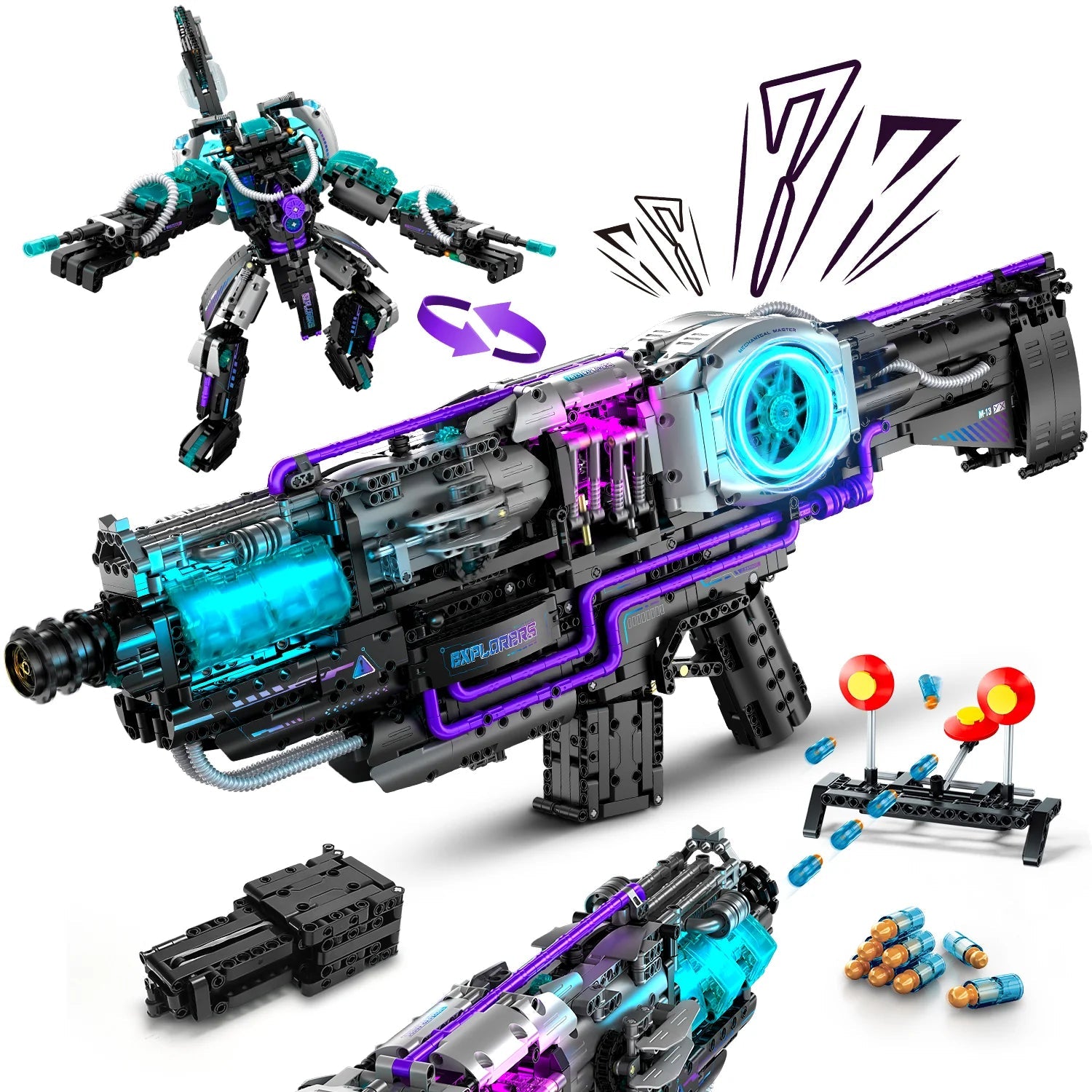 Brick MOC 2 in 1 Transforming Electric Space Gun and Robot Building Toy, Futuristic Mechanical Interactions and Lighting Effects | 3037 pcs 2-in-1 Robot & Space Gun MOC Kit | 3037pcs - Brick Car Merchant