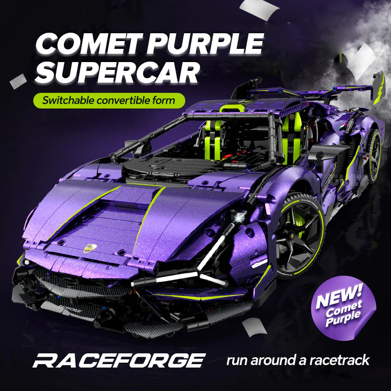 LEGO MOC Lamborghini Supercar Comet Purple | Remote Control, Electric Doors, Electric Convertible Top, V10 Engine, Custom Starry Sky Finish, 3654pcs - Brick Car Merchant