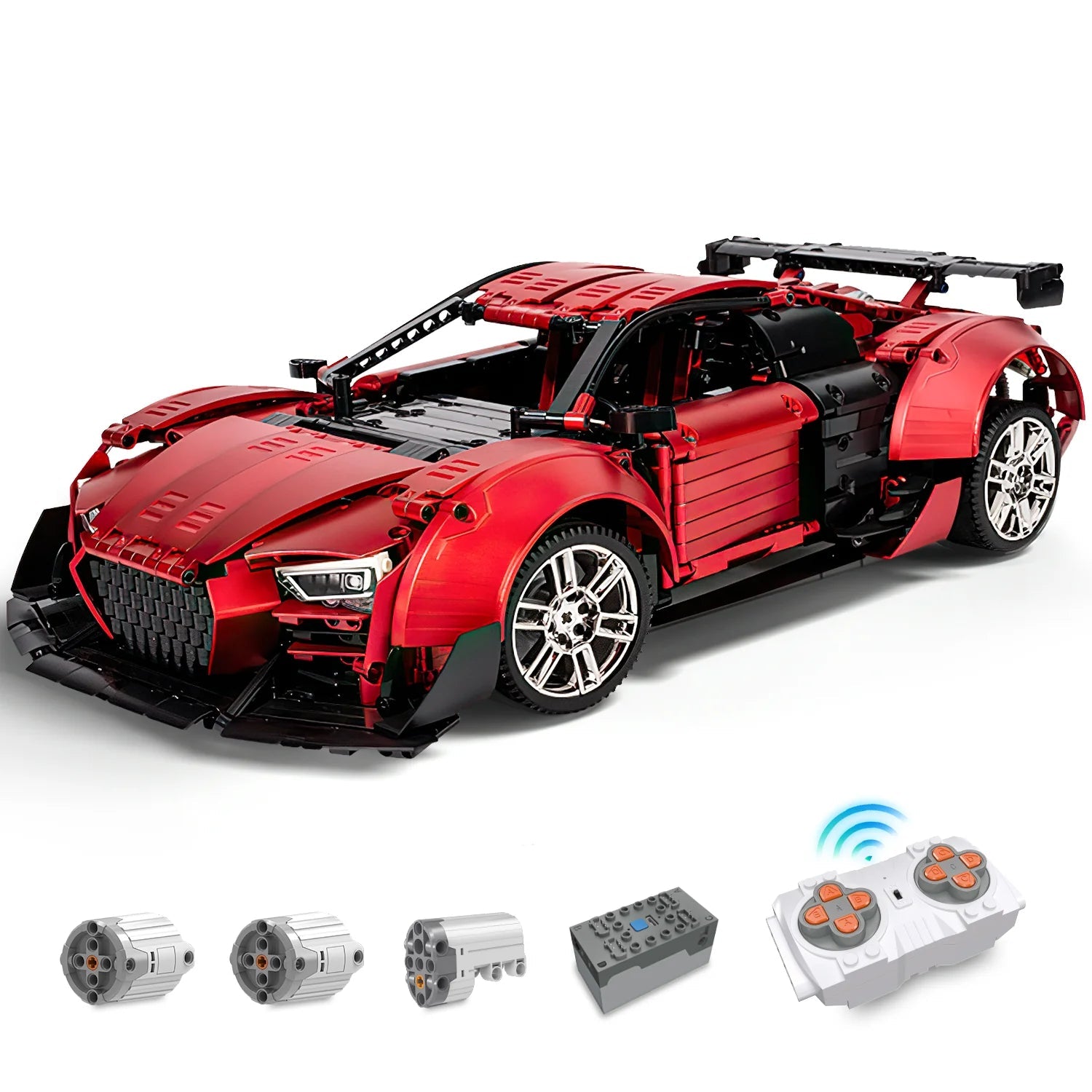 Brick MOC Audi R8 Red | Remote Control, Opening Features, Large Racing Wing, 2641 pcs - Brick Car Merchant