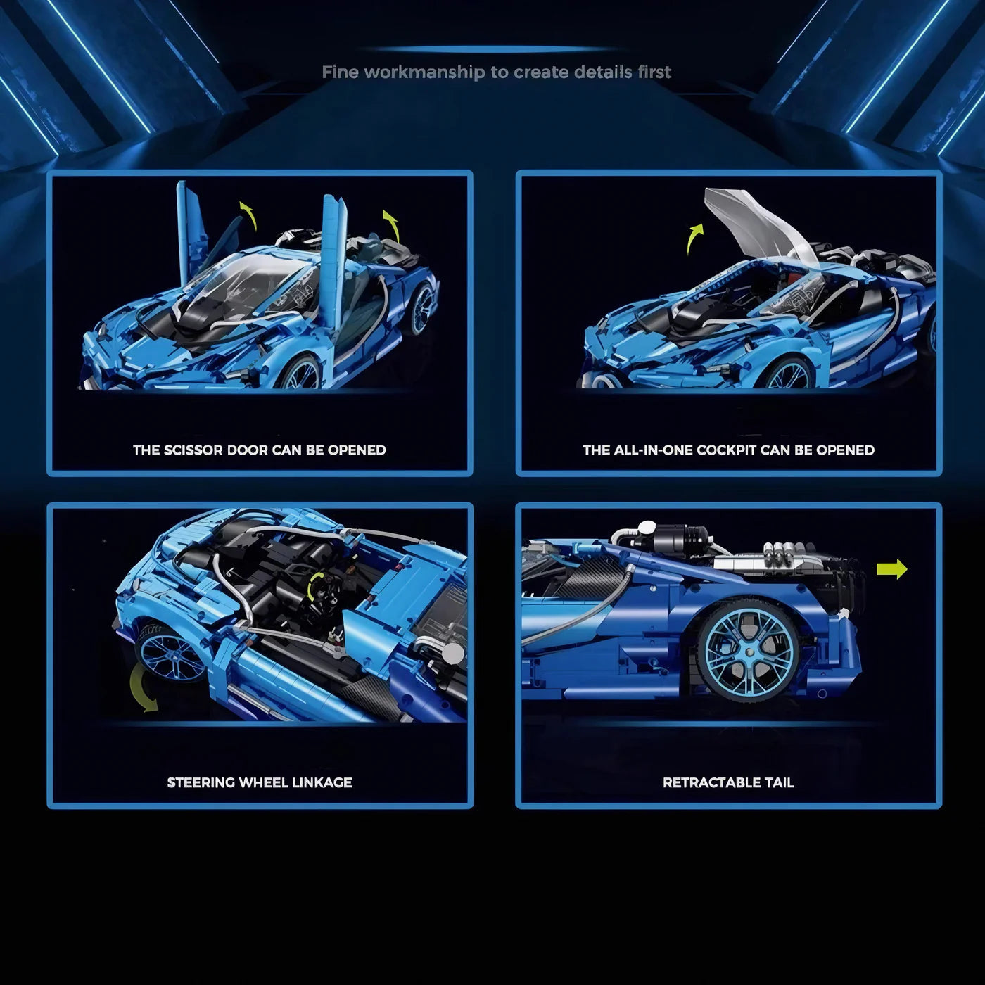 Brick MOC Bugatti Chiron 'Jet Edition' | Steering, Front and Rear Suspension, Opening Features, Multi Speed Manual Gearbox with Gear Shift, 3686 pcs - Brick Car Merchant