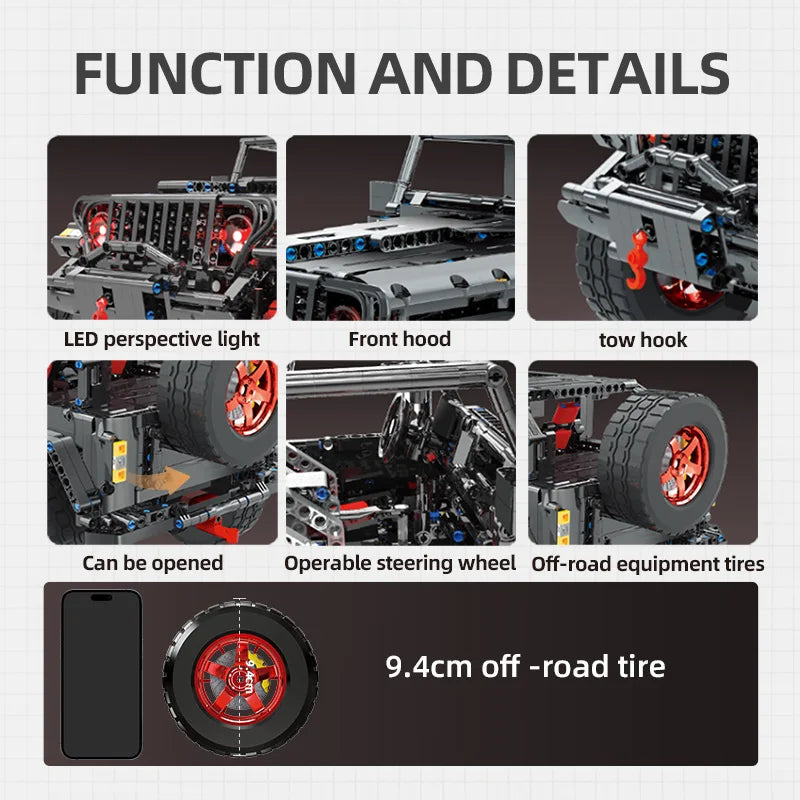 Brick MOC Jeep Wrangler "Dark Matter" Off-Road Building Kit | Remote Control, Opening Features, Trailer Hook, LED Lights, All-Terrain, 2272 pcs - Brick Car Merchant