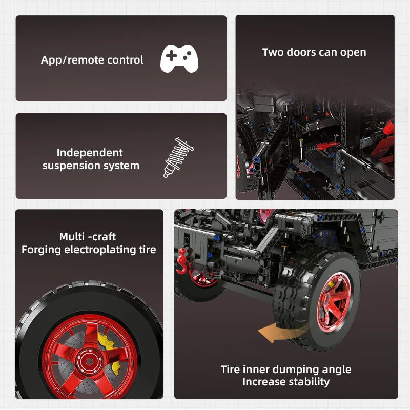 Brick MOC Jeep Wrangler "Dark Matter" Off-Road Building Kit | Remote Control, Opening Features, Trailer Hook, LED Lights, All-Terrain, 2272 pcs - Brick Car Merchant
