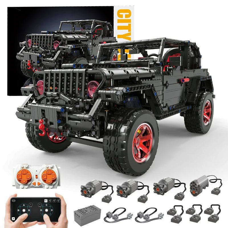 Brick MOC Jeep Wrangler "Dark Matter" Off-Road Building Kit | Remote Control, Opening Features, Trailer Hook, LED Lights, All-Terrain, 2272 pcs - Brick Car Merchant
