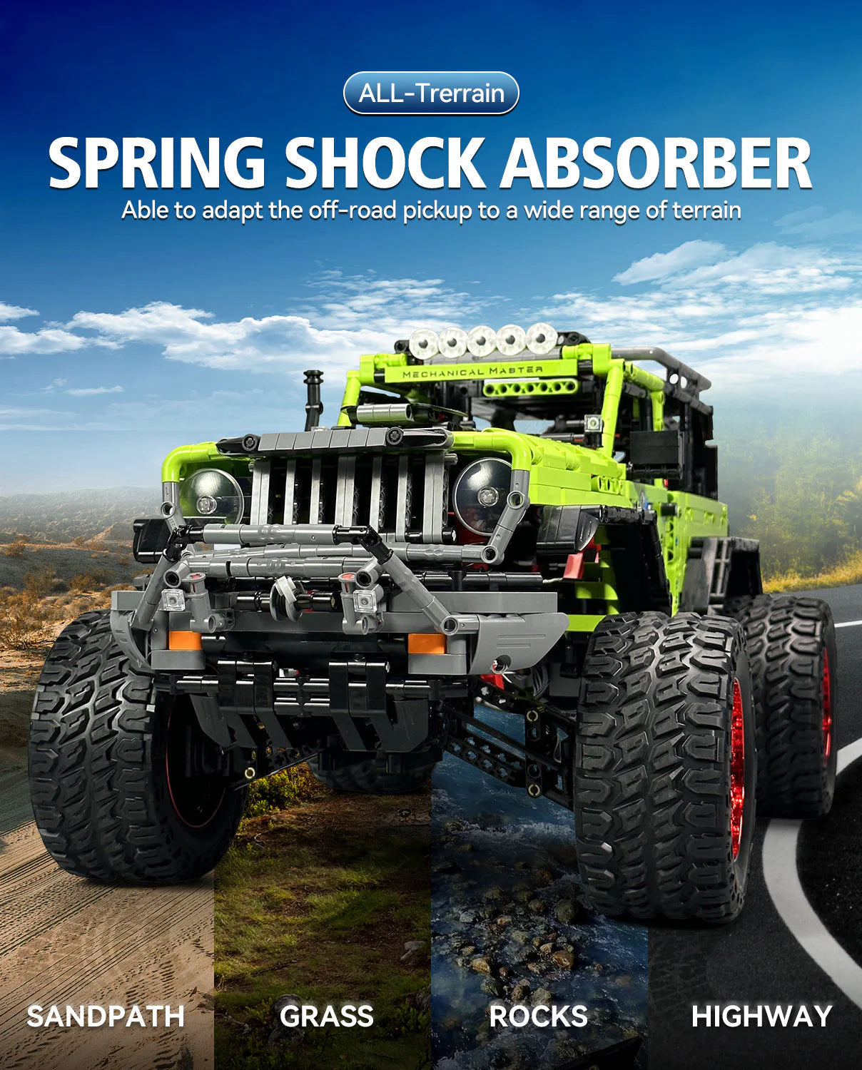Brick MOC Jeep Wrangler Off-Road Pickup Building Kit | Remote Control, Tank Steering, Drift Special, All-Terrain Damping, Opening Features, 2545 pcs - Brick Car Merchant