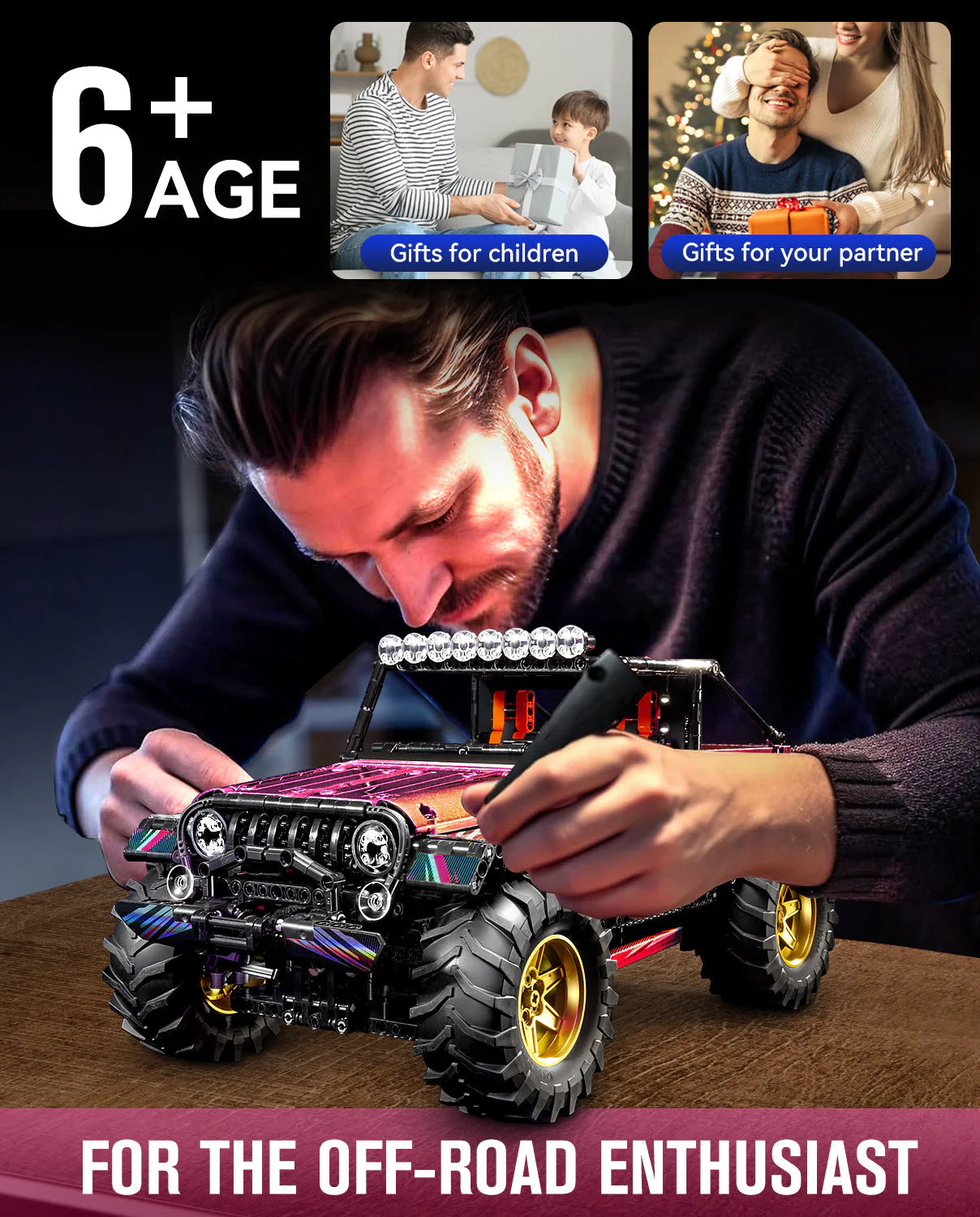 Brick MOC Jeep Wrangler Plated Off-Road Pickup | Remote Control, Electric Chassis Lifting, Drift, All Terrain Drive, Damping, Opening Features, 2088 pcs - Brick Car Merchant
