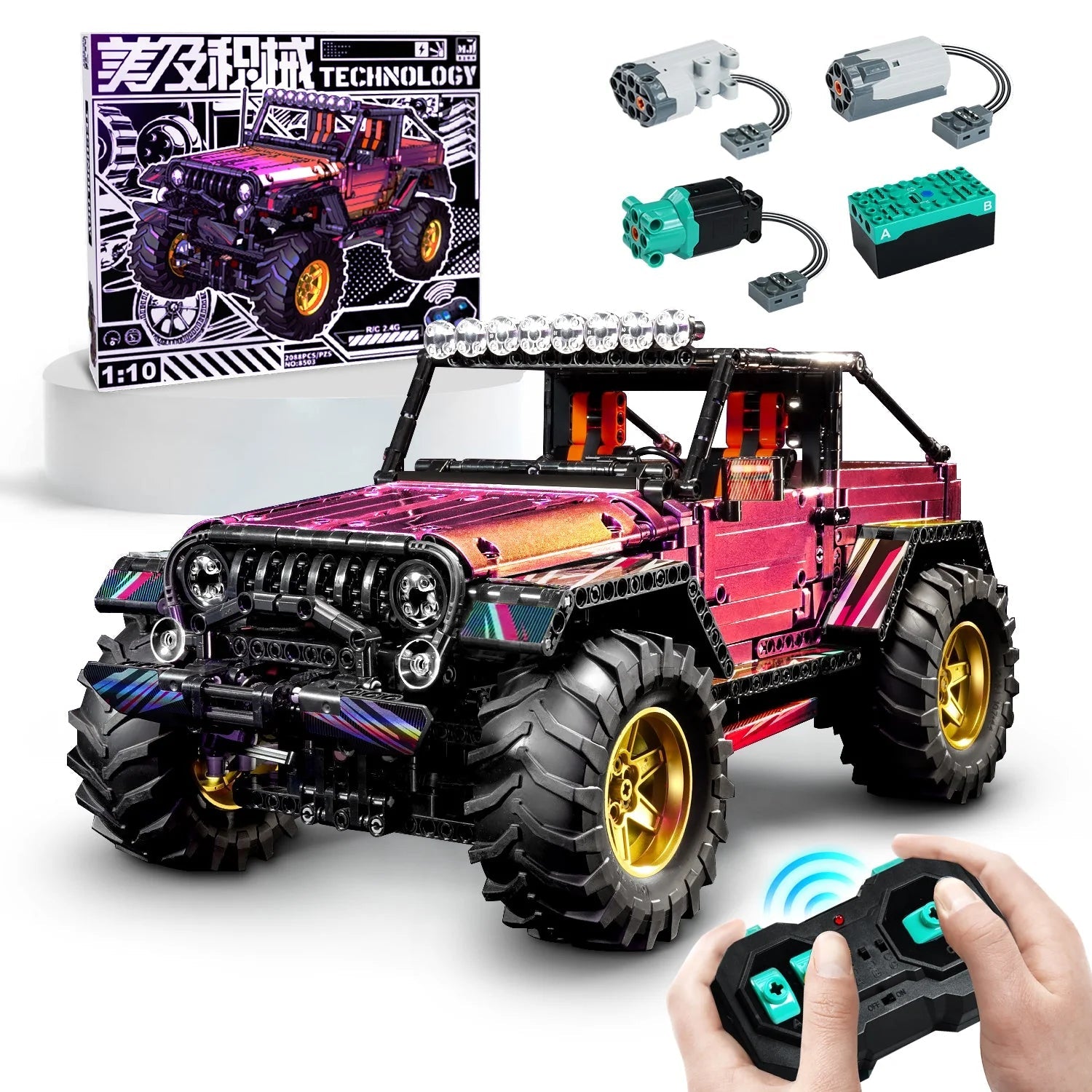 Brick MOC Jeep Wrangler Plated Off-Road Pickup | Remote Control, Electric Chassis Lifting, Drift, All Terrain Drive, Damping, Opening Features, 2088 pcs - Brick Car Merchant