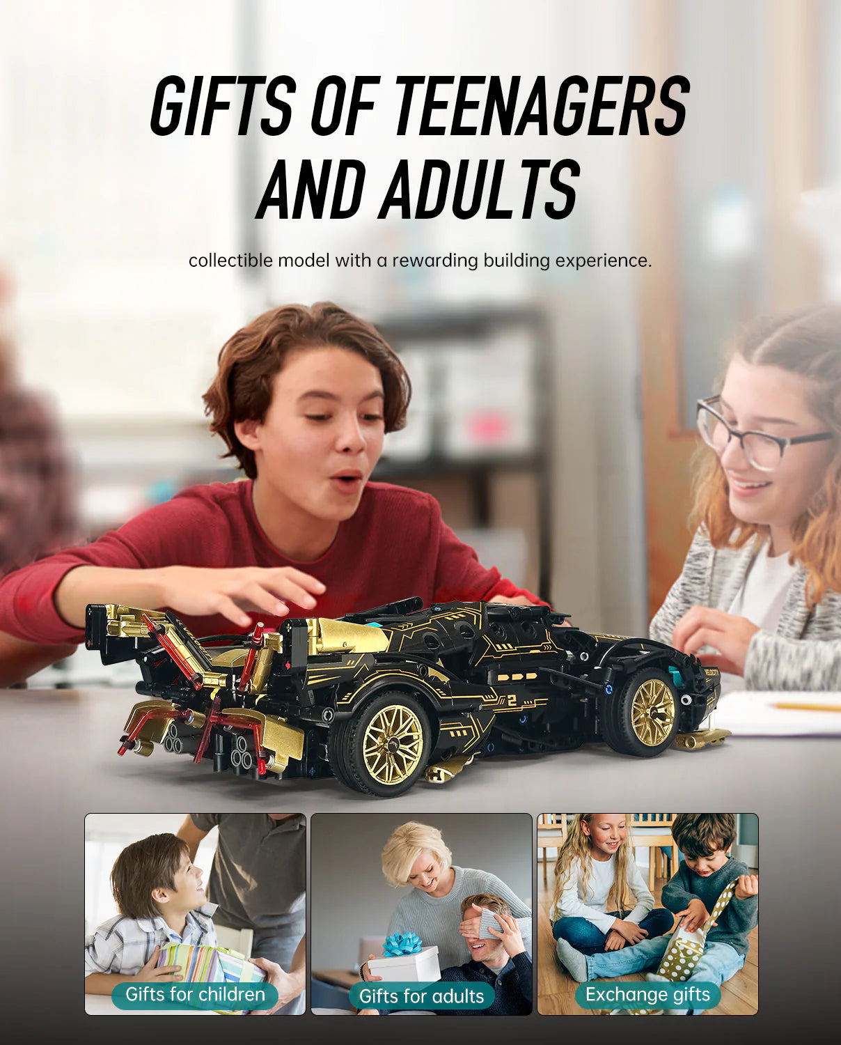 Brick MOC Lamborghini V12 Black Sports Car | Remote Control, Opening Features, 1103 pcs - Brick Car Merchant