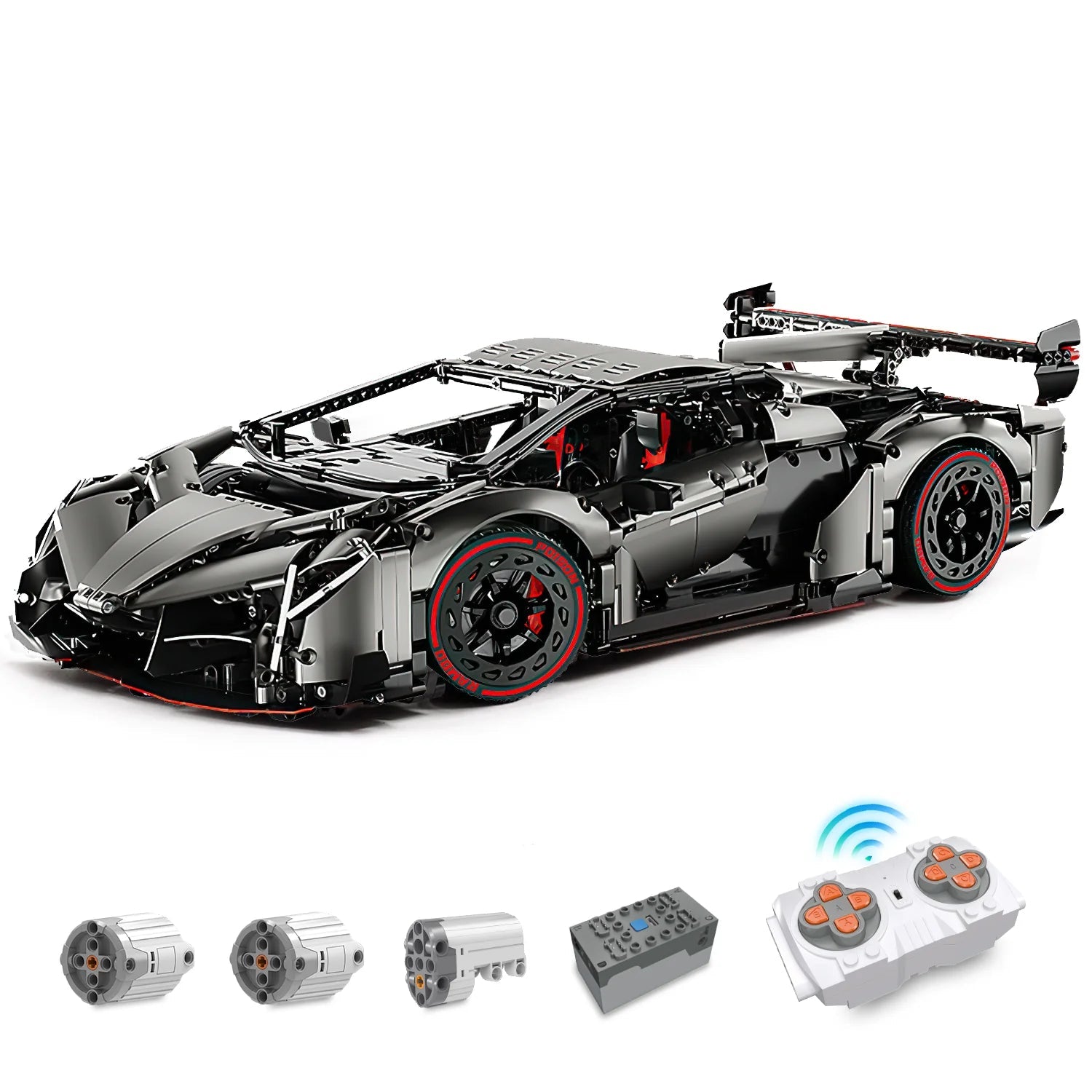 Brick MOC Lamborghini VENENO Silver Grey | Remote Control, Electric Air Suspension, Scissor Doors, Exclusive Body Panels, Exclusive Tire Alloys, 3711 pcs - Brick Car Merchant