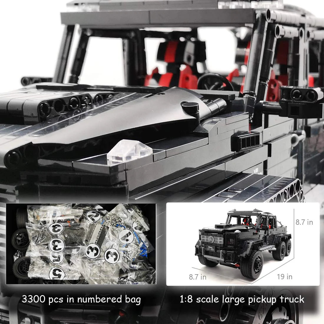 Brick MOC Mercedes G63 AMG, Brabus G800 6x6 Off-Road Pickup SUV | Remote Control, All-Terrain Off-Roading, Exclusive XL Tyres, Gear Shifter, Opening Features, Detailed Linkage and Differential, 6WD, Openable Sunroof, 3300pcs - Brick Car Merchant