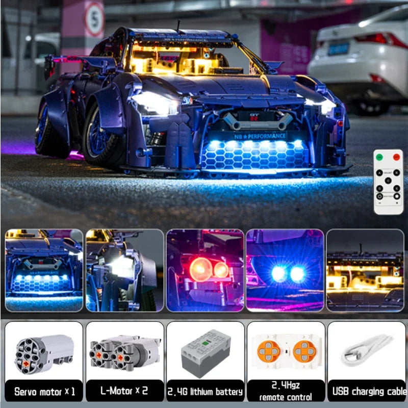 Brick MOC Nissan GTR | Remote Control, Lightning Features, Opening Features, Adjustable Camber, Functioning Transmission, 2389 pcs - Brick Car Merchant