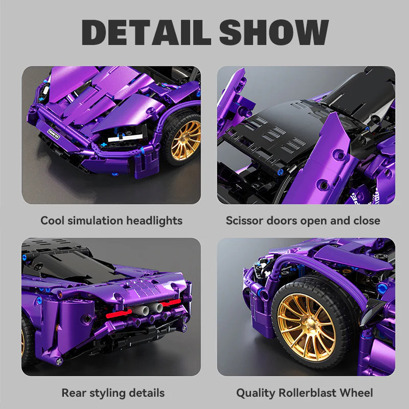 Brick MOC Purple Phantom Sports Car | Remote Control, Opening Features, 1273 pcs - Brick Car Merchant