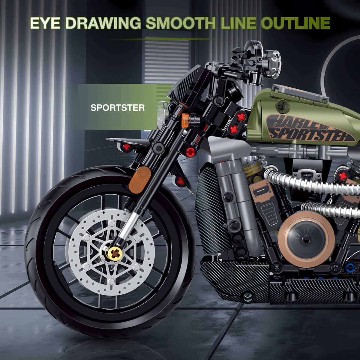 Harley-Davidson Sportster-inspired military custom building set - green tank and engine detail